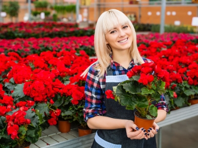 Florist hosting red flowers